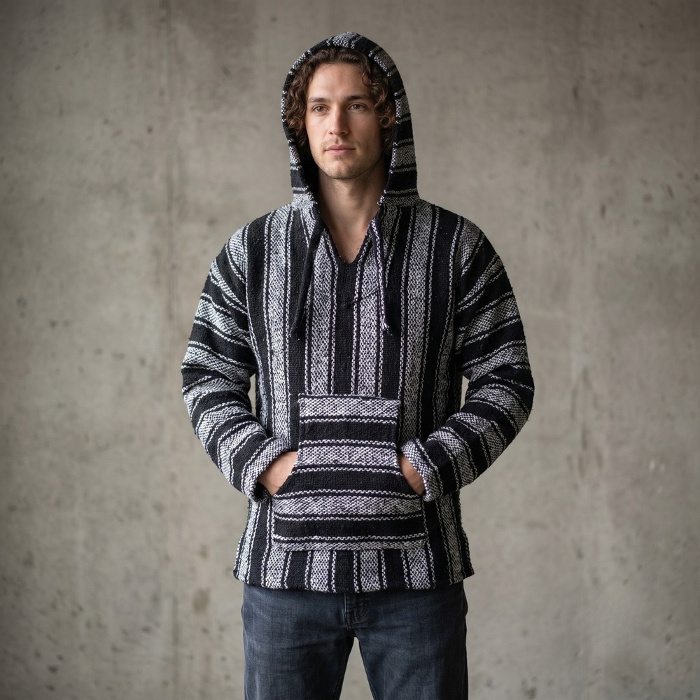 Unbranded Mens Medium Black Baja Hoodie Mexican Poncho Striped Jerga Pullover